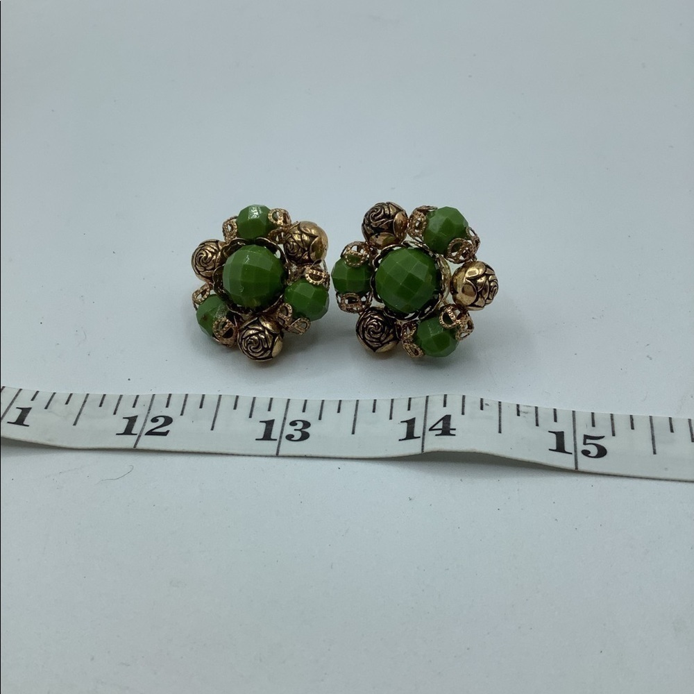 Green and Gold Roses Clip on Earrings Mid Century Modern